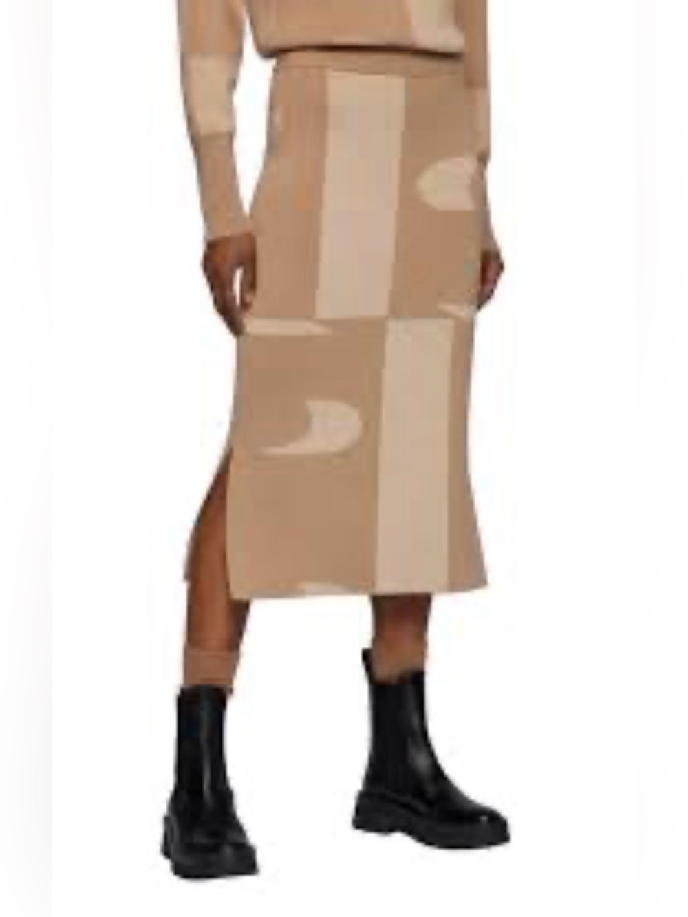 NWT HUGO BOSS 100% Virgin Wool Knit Midi Skirt Camel Beige Block-Pattern US M